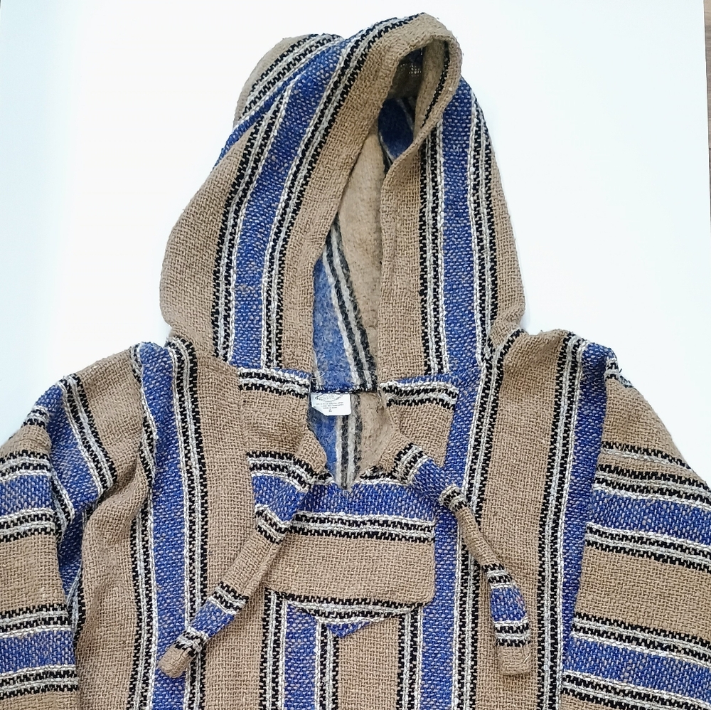 El Paso Saddle Blanket Small Mexican Baja Hippie Hoodie Poncho Pullover Sweater